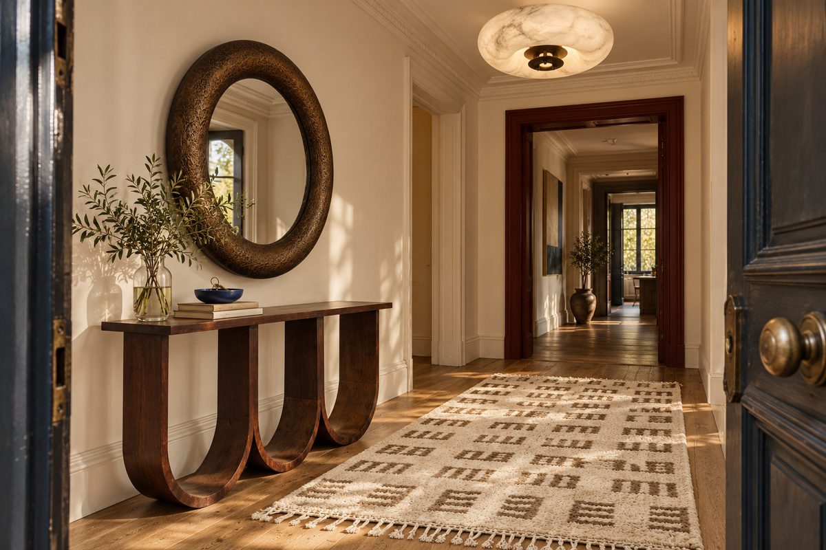 Warme entree met houten sidetable, spiegel, verlichting en een vloerkleed – SESSEQ