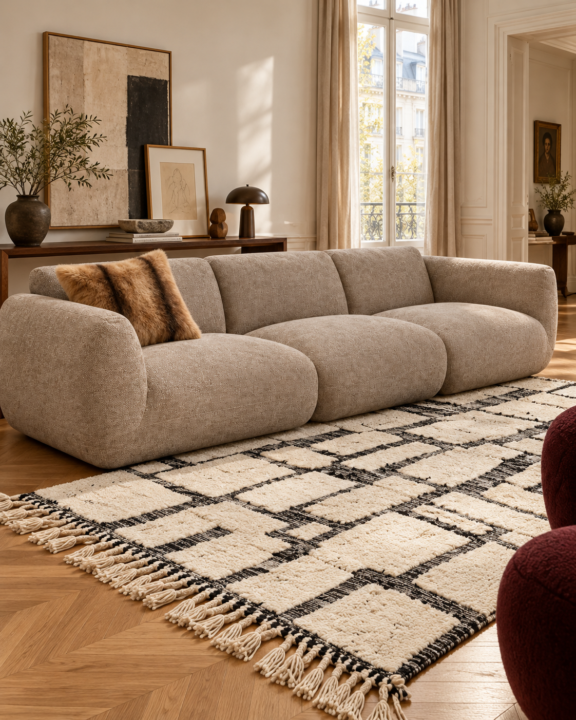 LENTO-vierzitsbank met het vierkante FULVO-kussen in een lichte woonkamer.