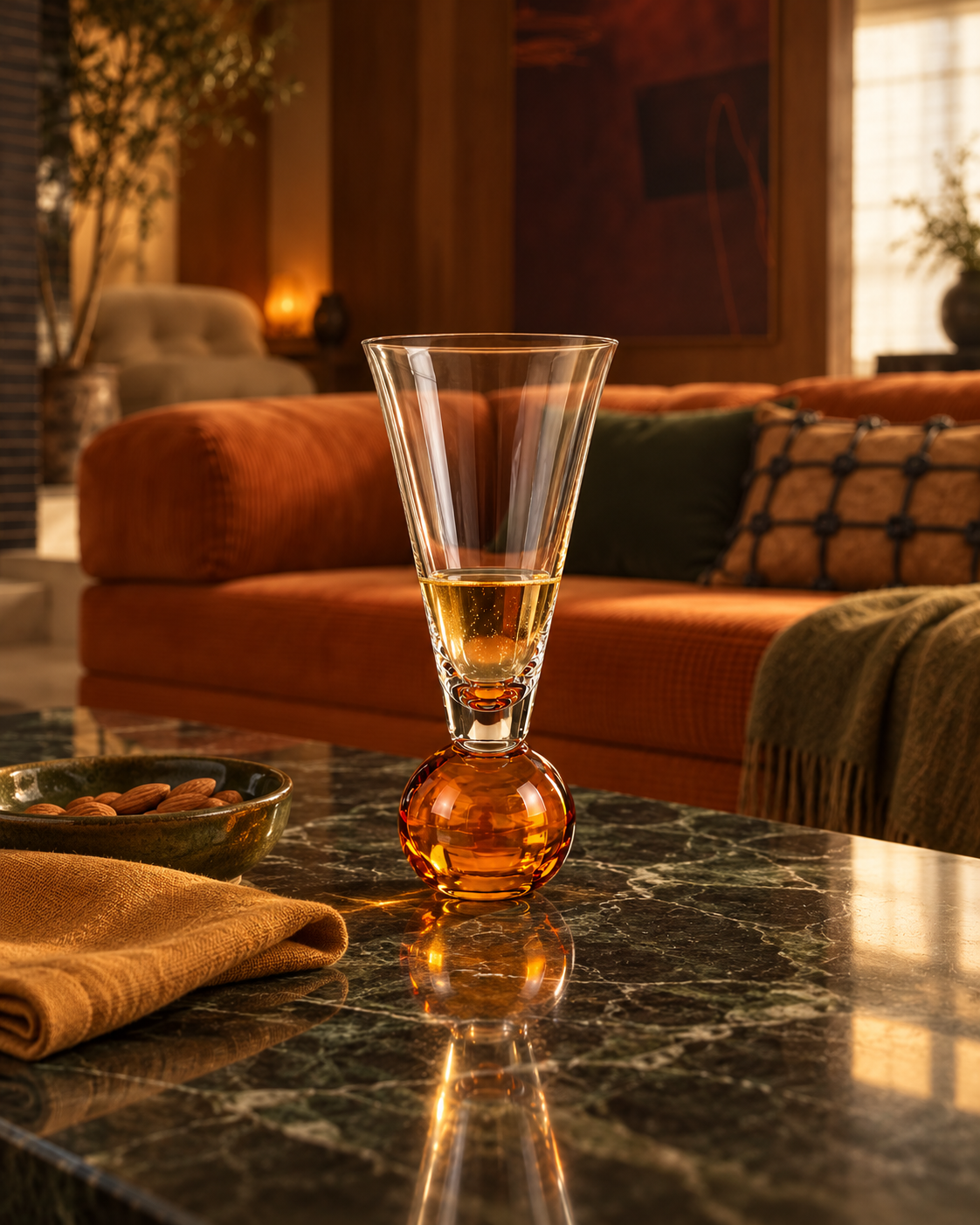 Verre à cocktail BRIO à pied sphérique ambré sur une table en marbre dans Cosy Autumn