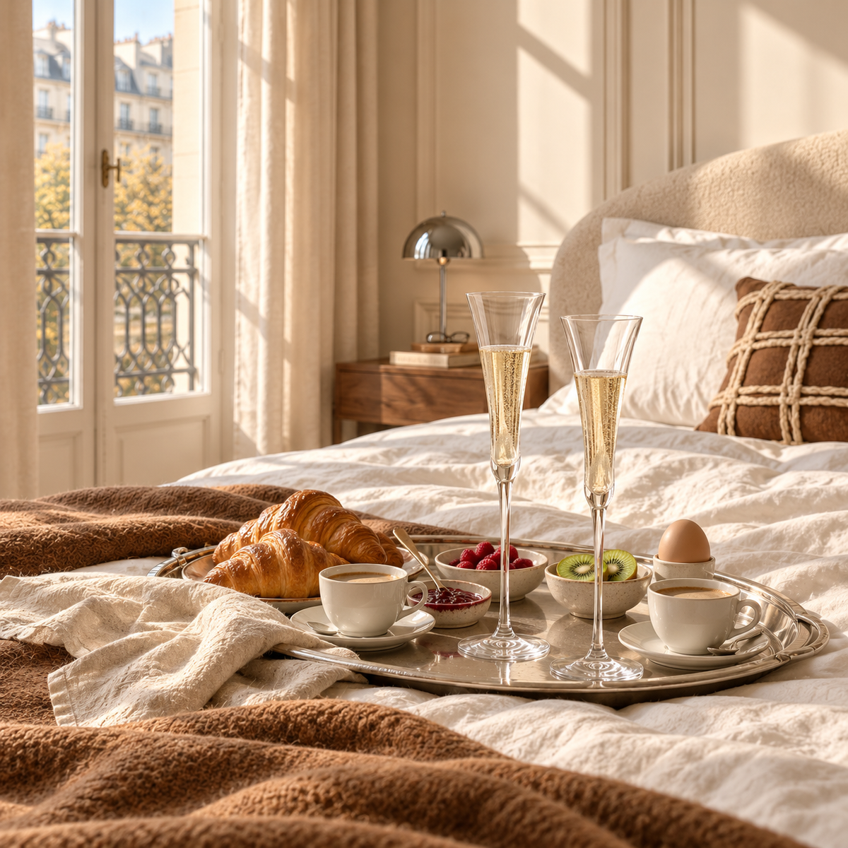 CALICE DUO champagneglazen bij een ontbijt op bed in Modern Paris-stijl