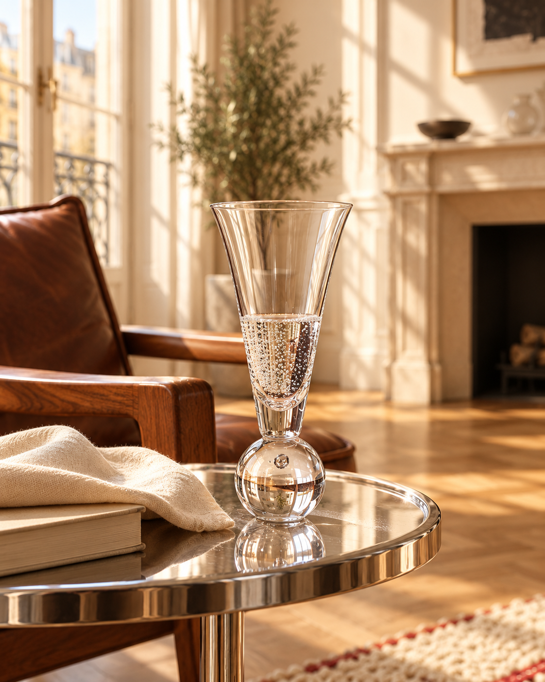 Verre à cocktail LEVANTE à pied sphérique transparent sur une table d’appoint chromée dans Modern Paris