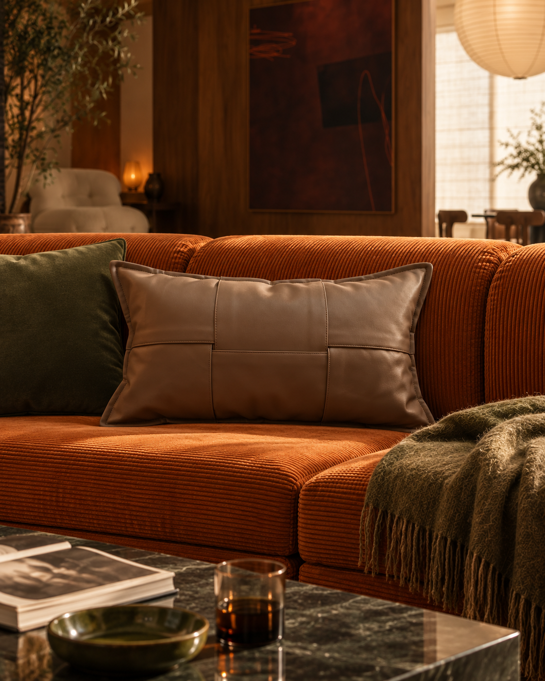 MOREL rectangular brown cushion on a rust-coloured sofa in Cosy Autumn