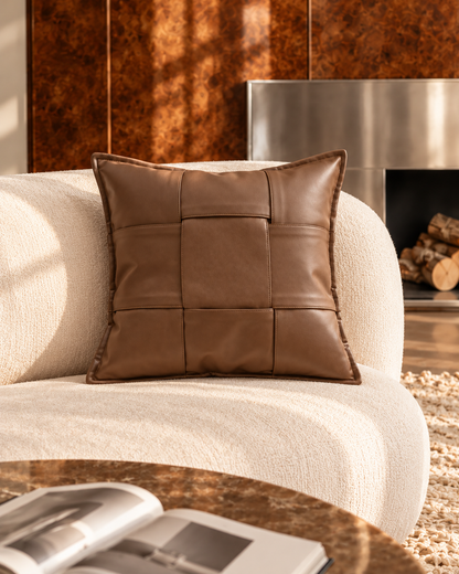 MORO square brown cushion on a cream sofa in the Burl Love style