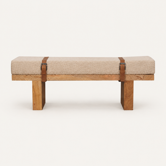 Alba - bouclé bench with leather straps - front view