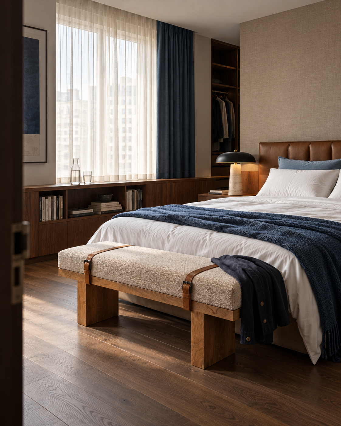 Chambre avec superpositions de linge bleu, accents en bois et banc Alba