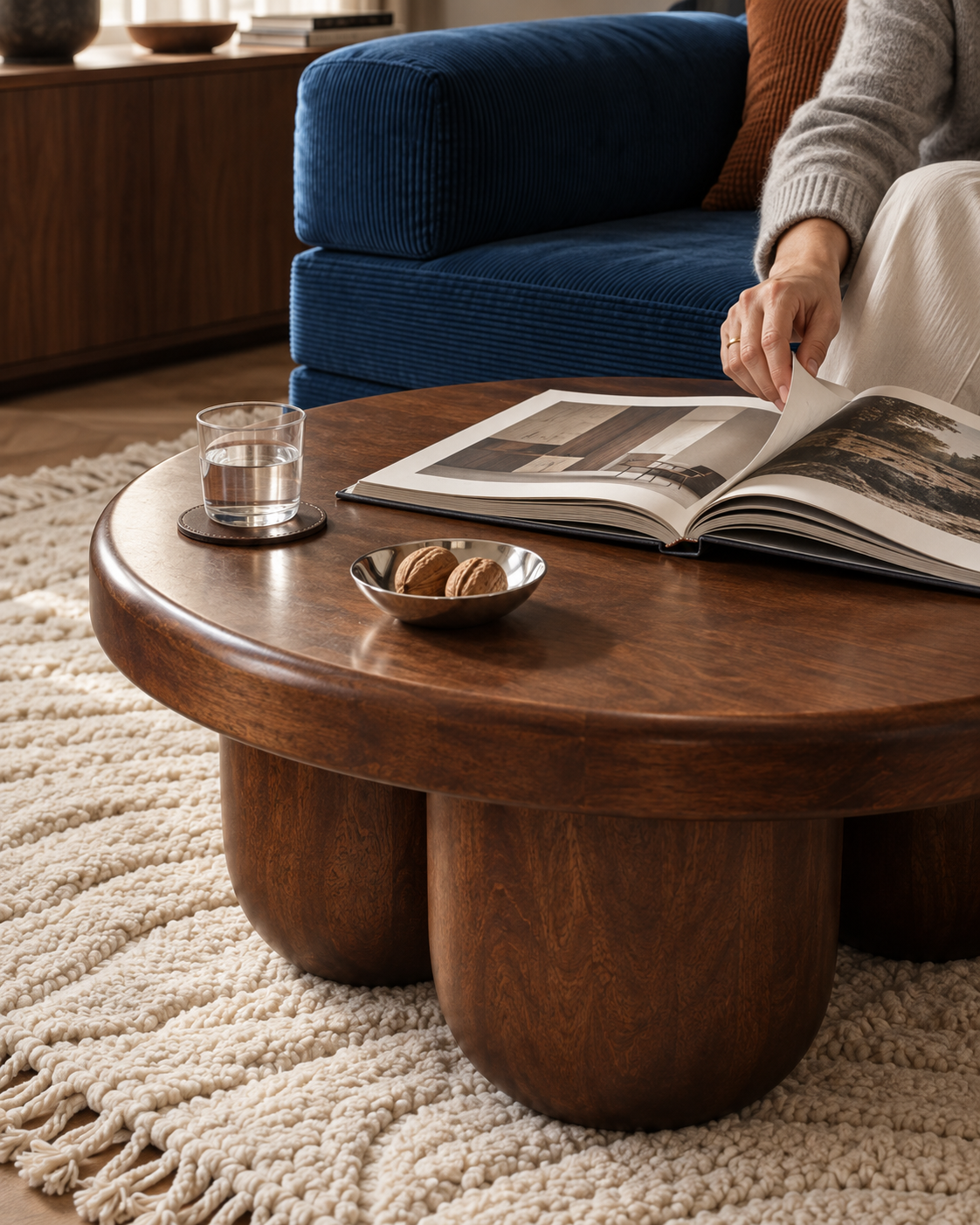 Un moment de lecture sur un canapé bleu près de la table basse ronde Kyma