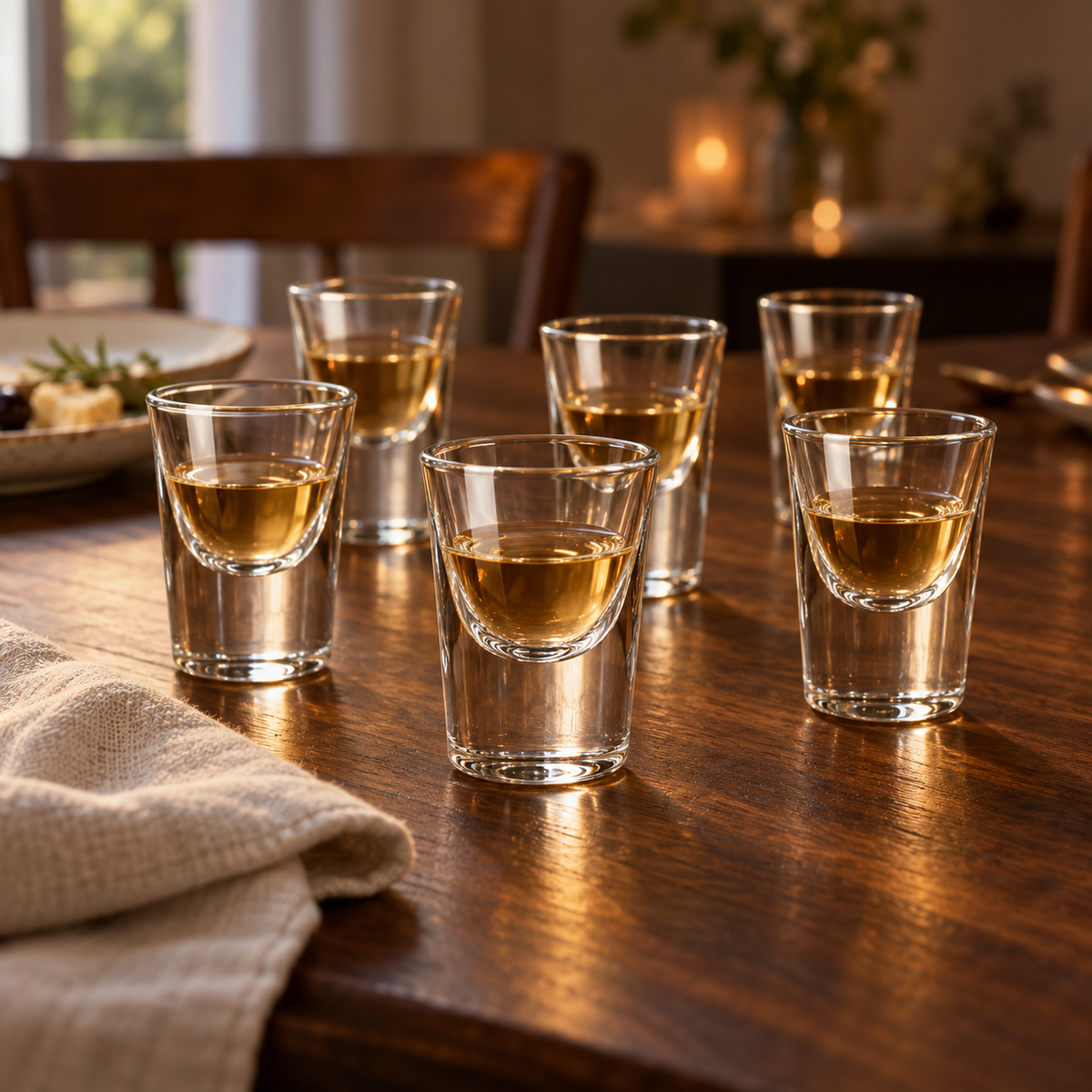 Zes CICCHETTO borrelglazen met digestief op een warmhouten eettafel