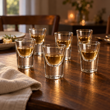 Zes CICCHETTO borrelglazen met digestief op een warmhouten eettafel