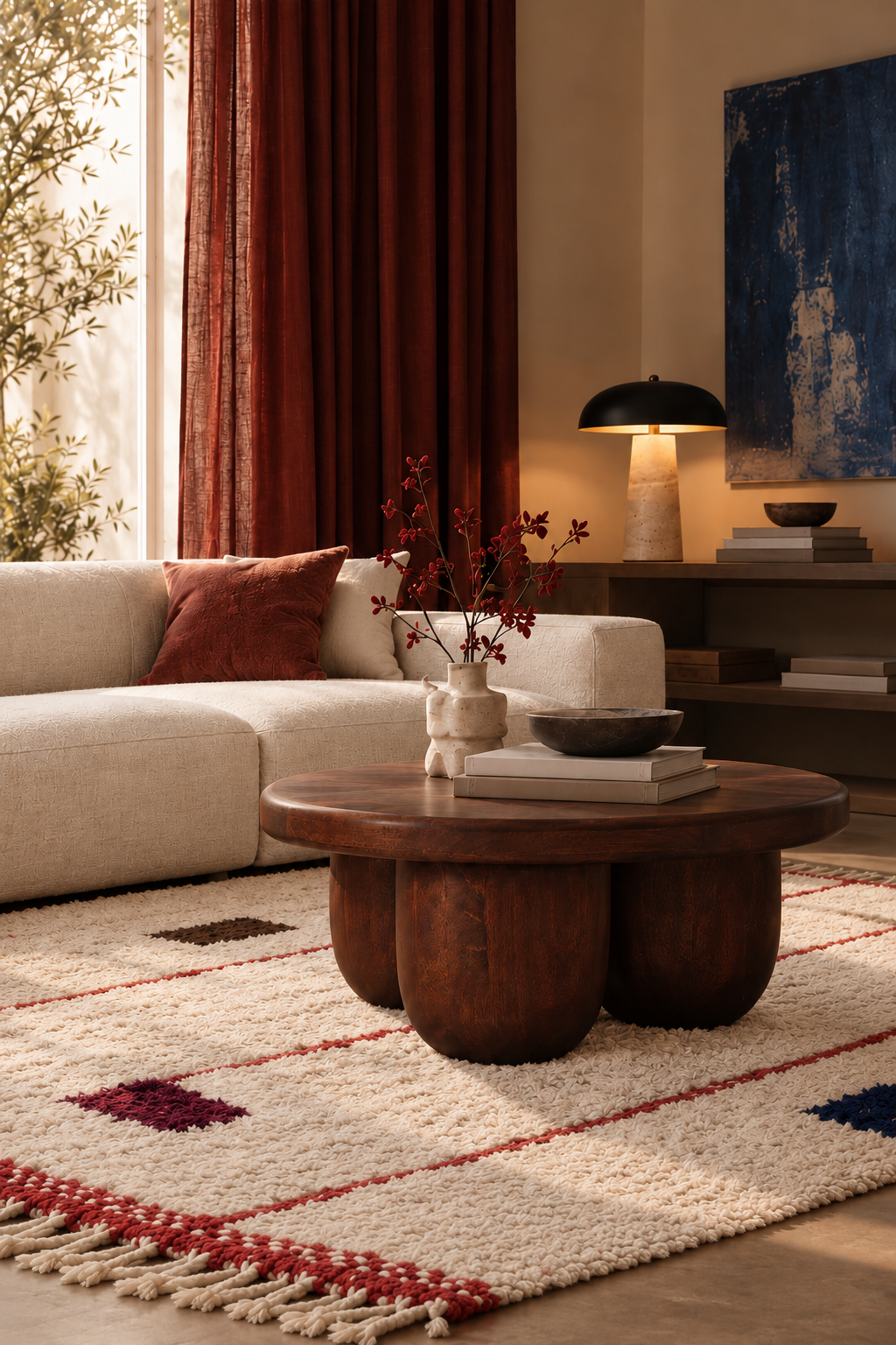 Lueur : salon avec table basse KYMA, tapis en laine ACCENTO et lampe de table CALA