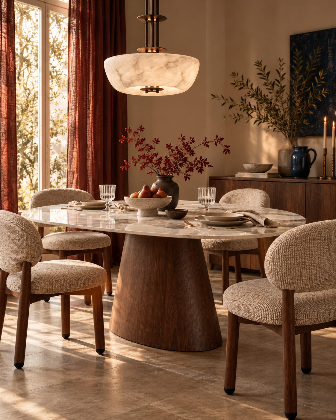 Salle à manger dans la lumière chaude de l’après-midi avec TAVIRA, chaises ROVO et suspension COPPA