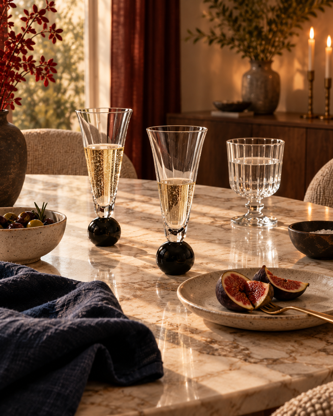 Apéritif avec deux verres à champagne FESTA à pied sphérique noir