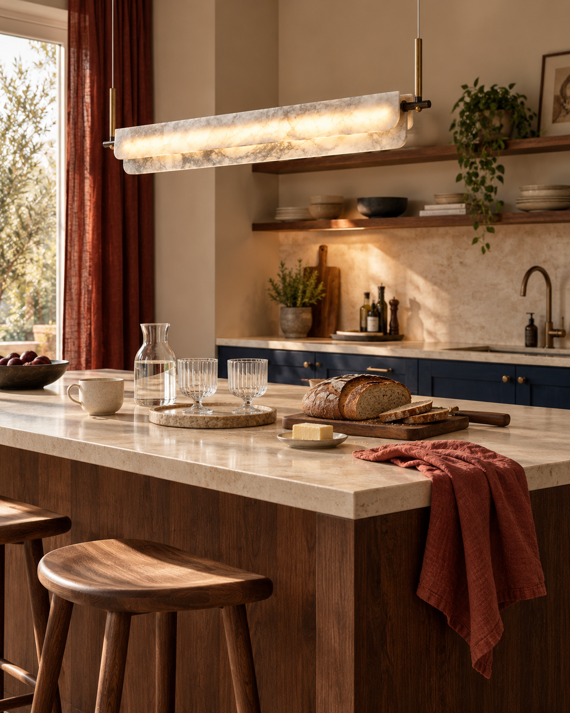 Cuisine chaleureuse avec îlot en noyer, placards bleus et suspension CANALE