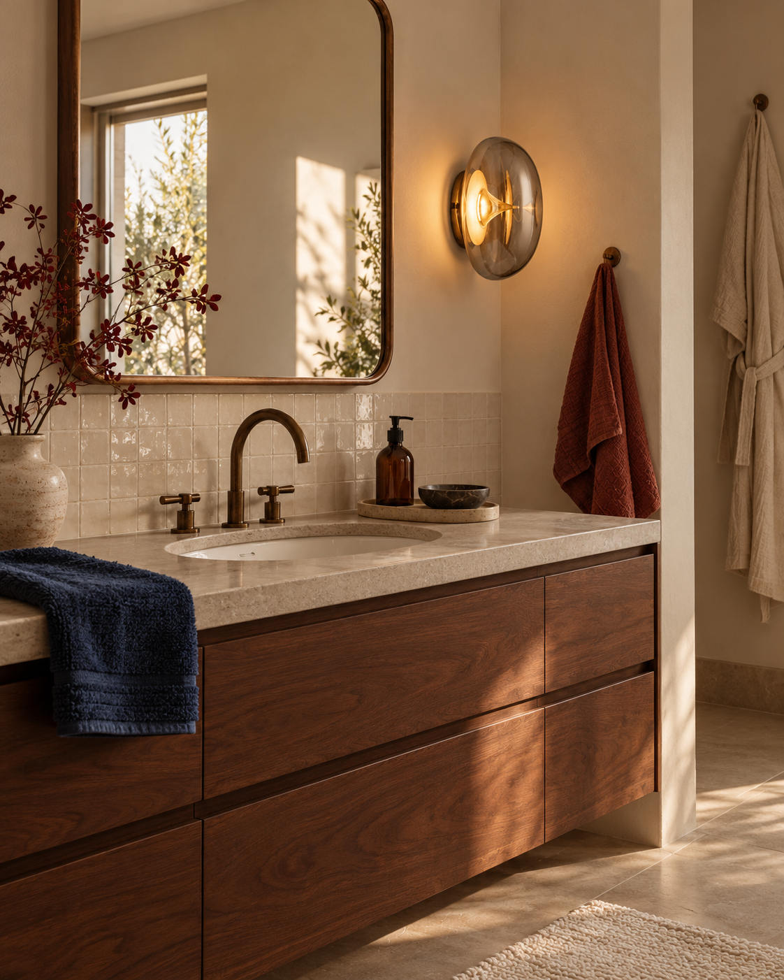 Salle de bains avec noyer, pierre claire et applique CIOTTOLO en verre fumé