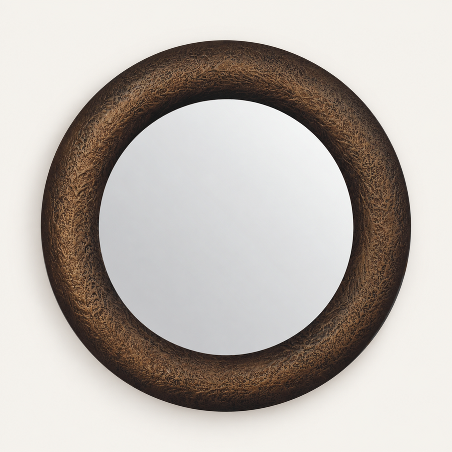 Halo round mirror with hammered metallic finish - front view
