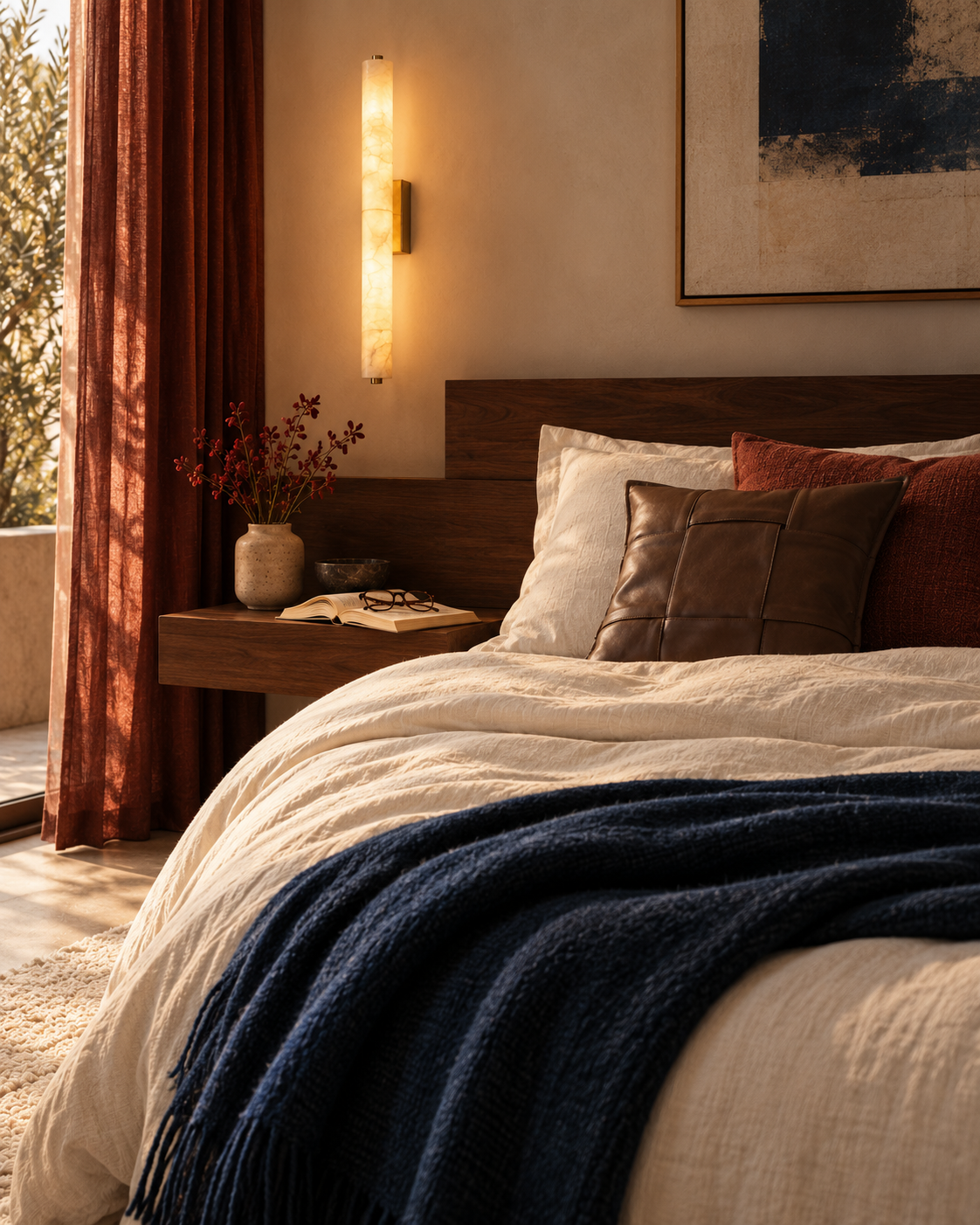 Warm bedroom with linen bedding, CILINDRO wall light and brown MORO cushion cover.