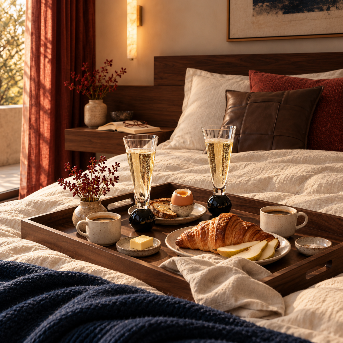 Lueur : plateau en bois avec verres FESTA sur du lin, plaid bleu profond et coussin rouille