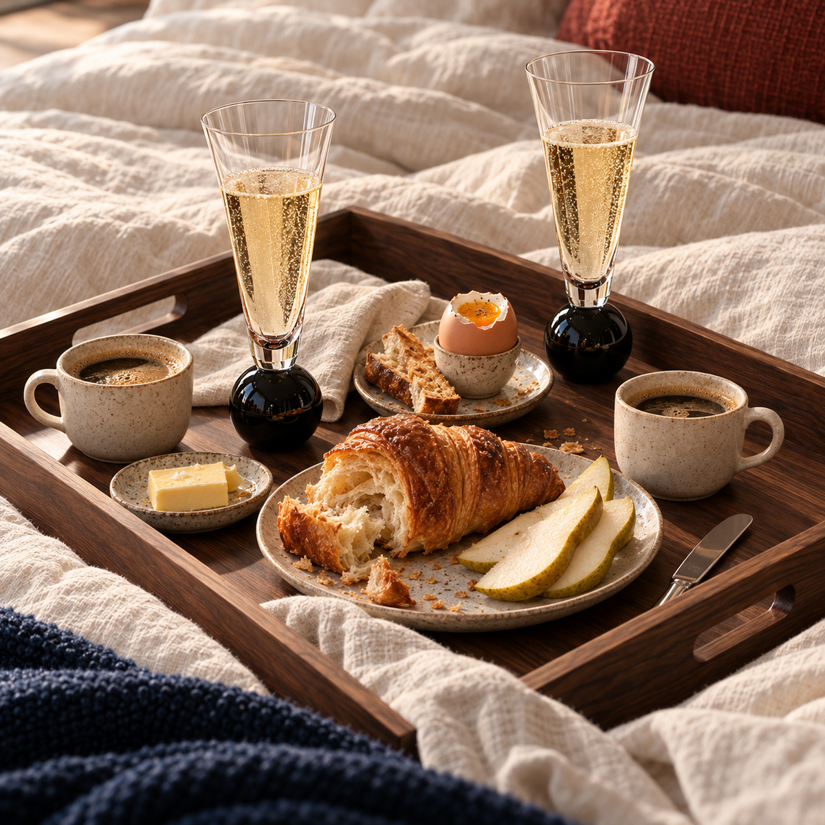 Lueur de près : verres FESTA à pied sphérique noir, croissants, poire, café et œuf à la coque