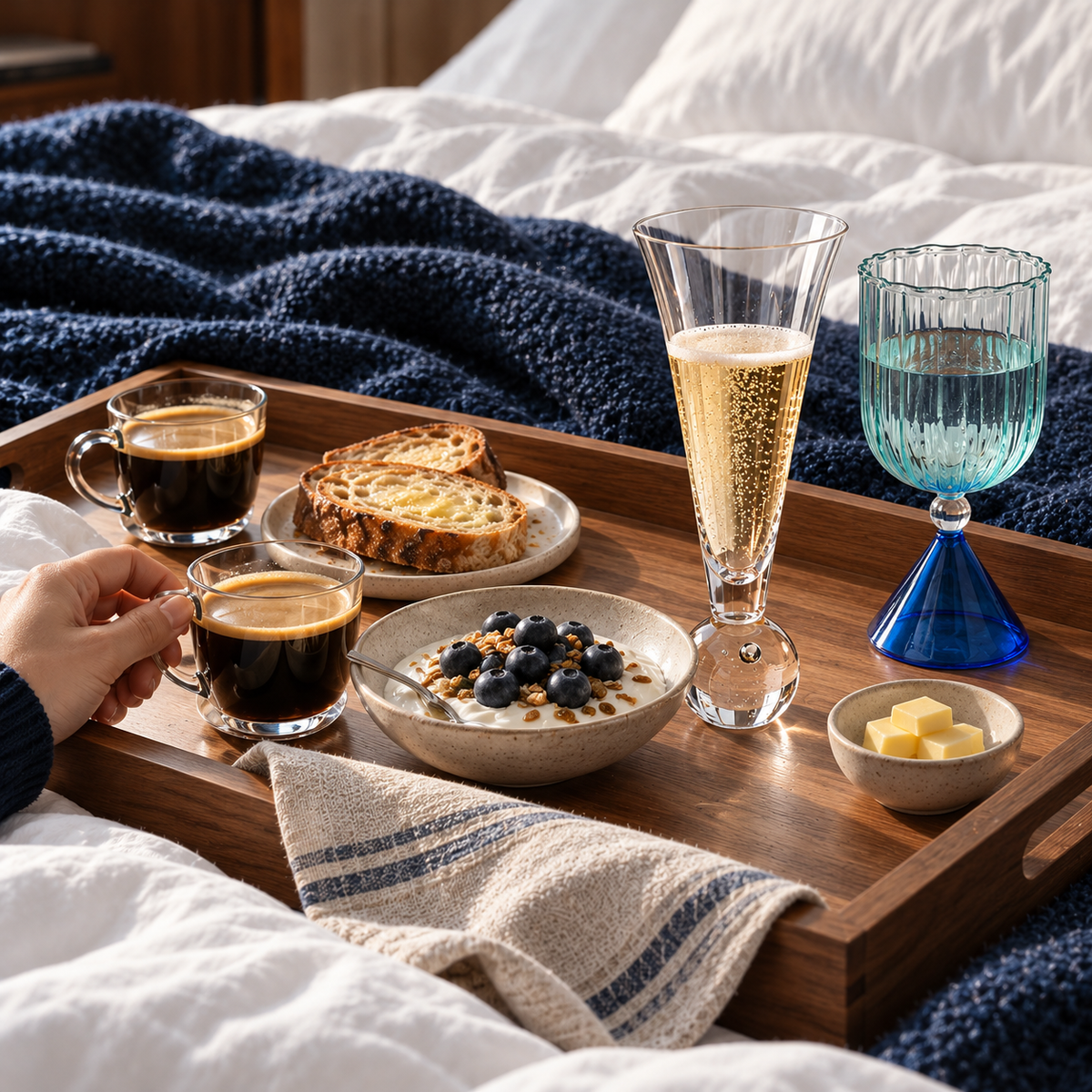 Blue Notes : LEVANTE et le verre bleu ONDELIA avec café et myrtilles sur un plateau en bois