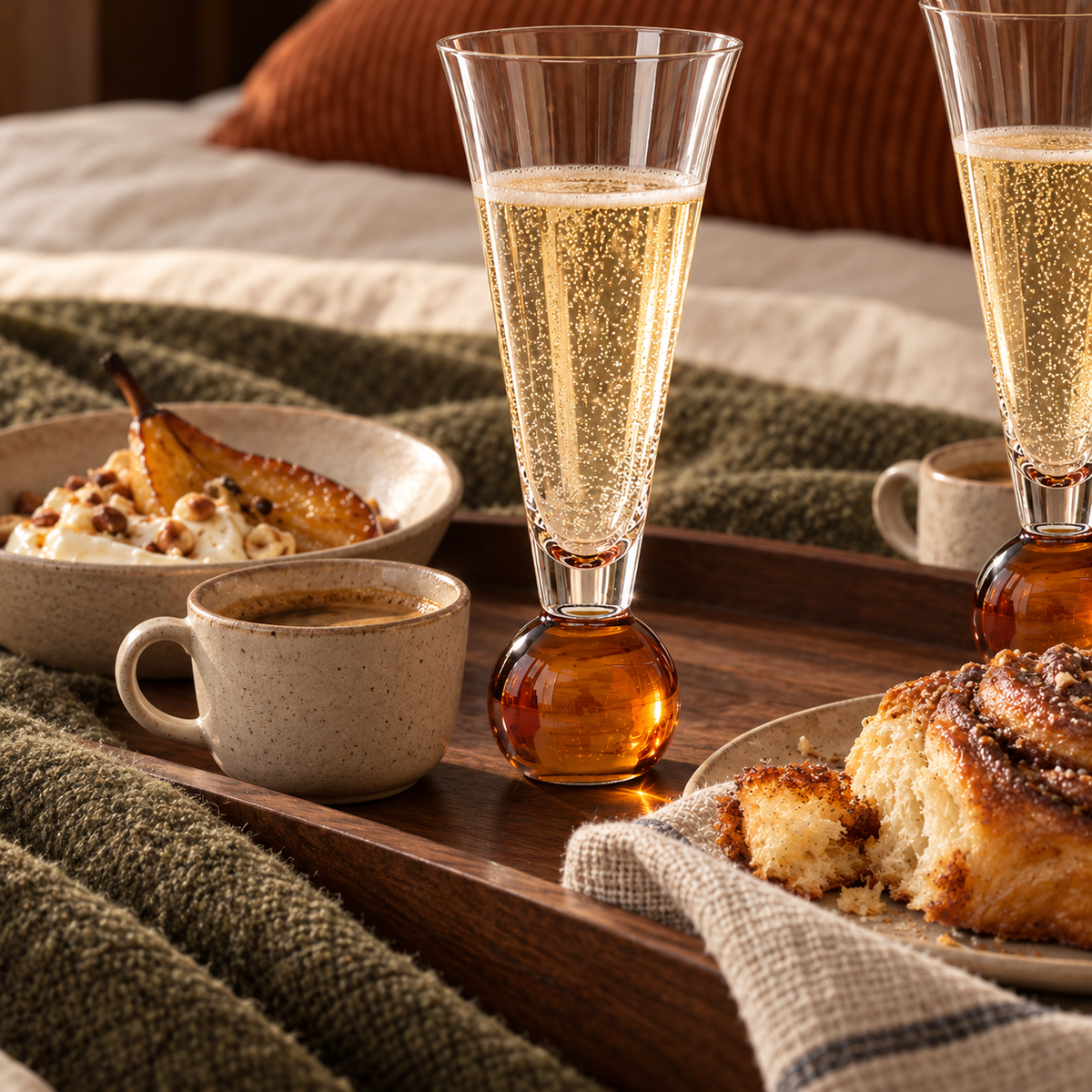 Cosy Autumn : verres BRIO à pied sphérique ambré près du café, d’une poire et d’une brioche à la cannelle