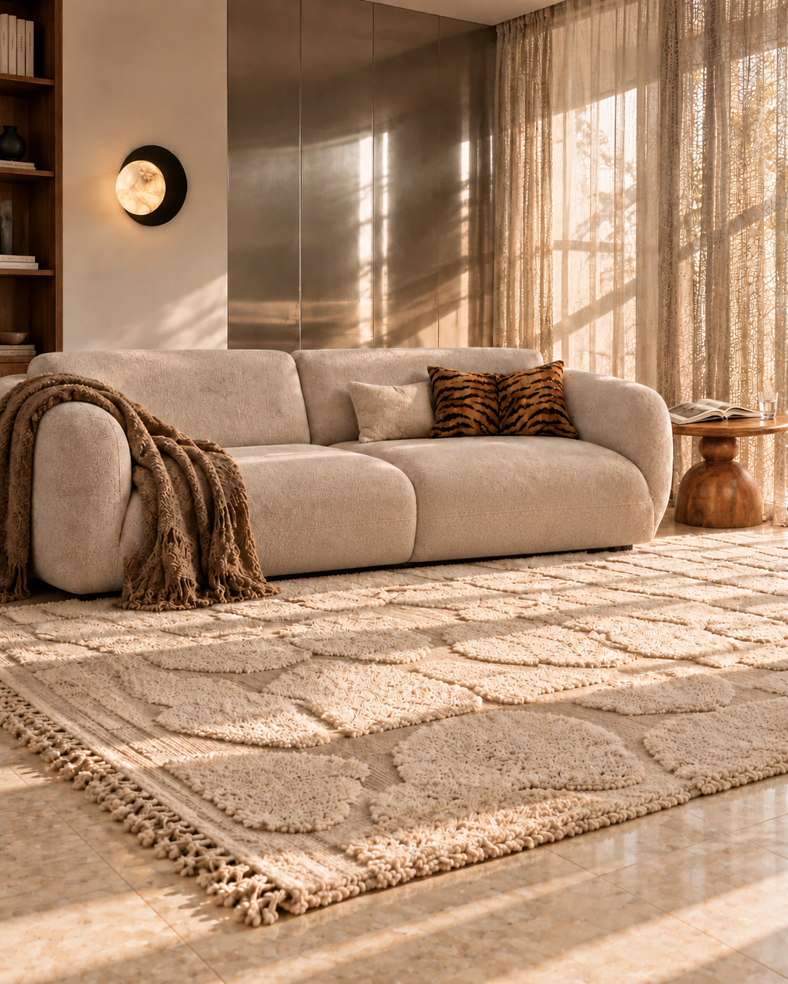 Salon paisible avec table basse ORBE, canapé crème et coussin TIGRA