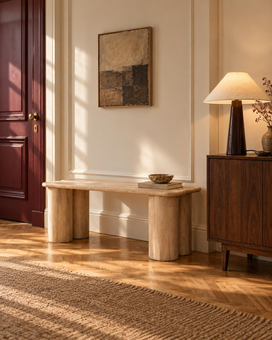 Banc PETRA dans l’entrée, près de PILAR sur un meuble en bois foncé.