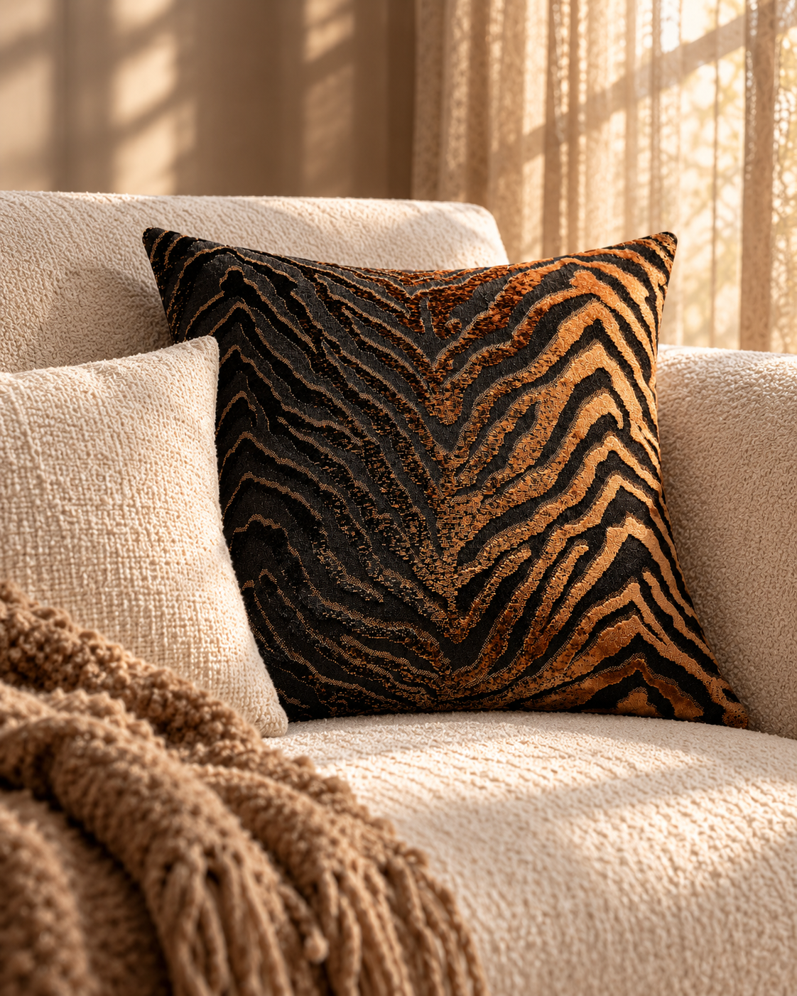 Coussin TIGRA à imprimé tigre noir et brun cuivré près d’un coussin crème uni et d’un plaid brun
