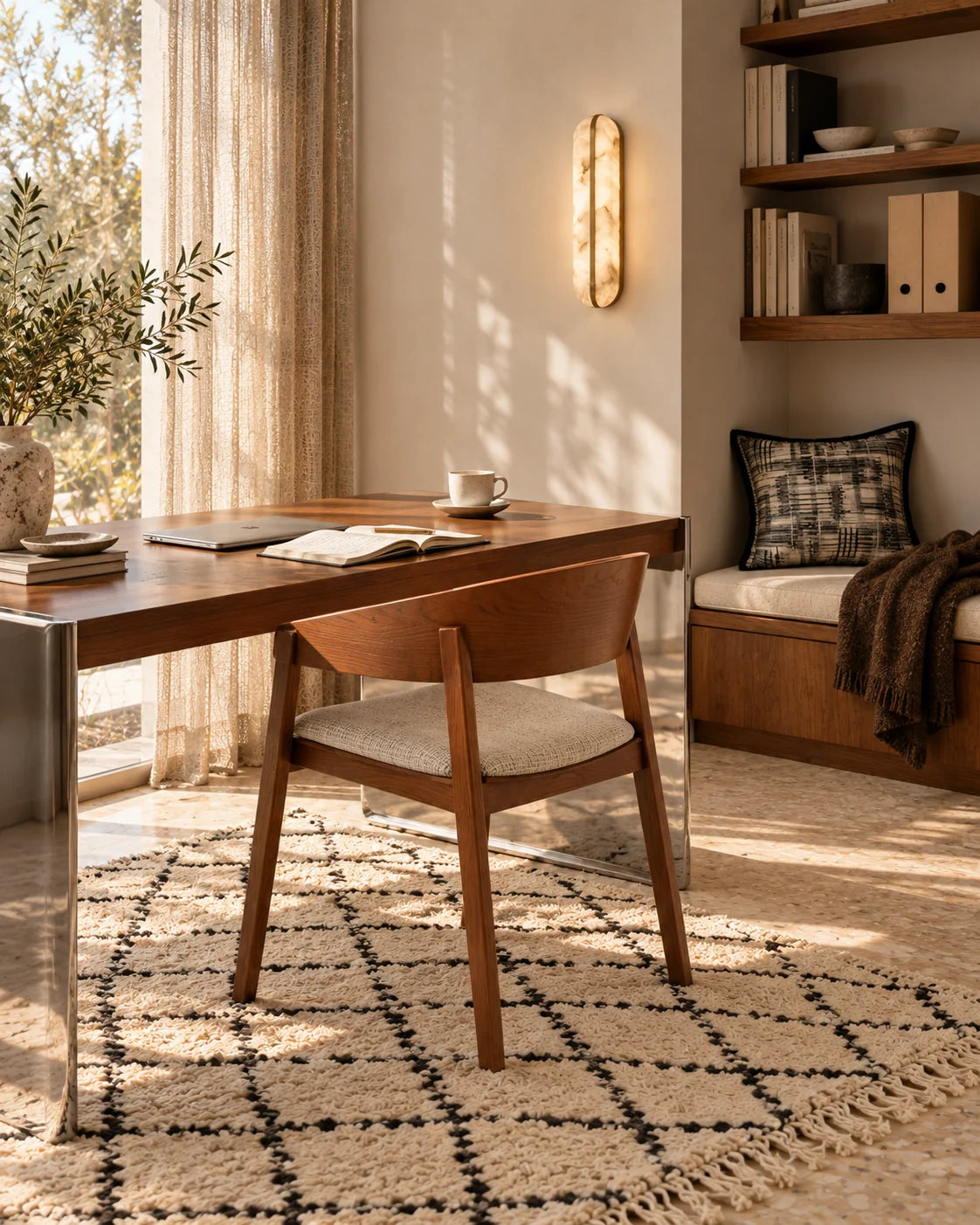 Bureau en bois avec coussin graphique dans la niche d’assise voisine