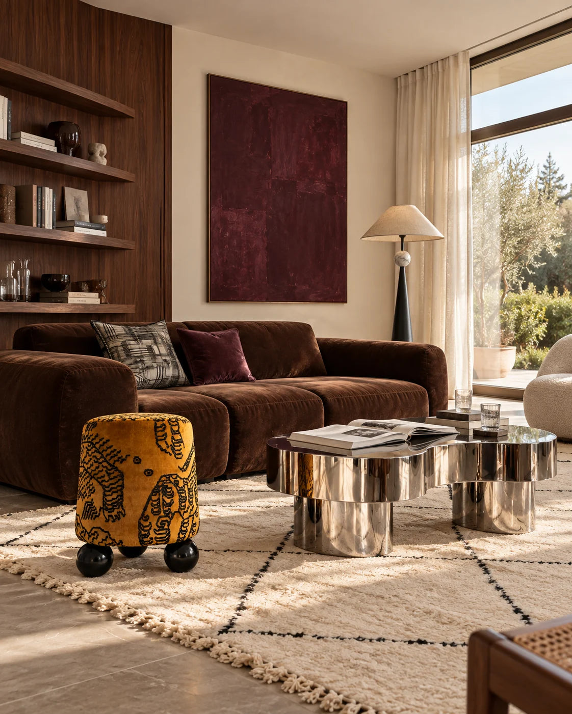 Salon avec canapé brun foncé, tables chromées et pouf jaune à motif