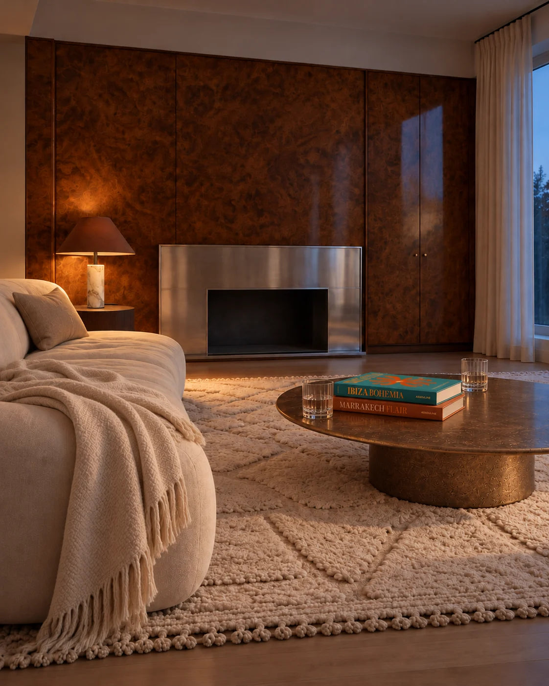 Salon Burl Love le soir avec lampe de table chaleureuse et plaid