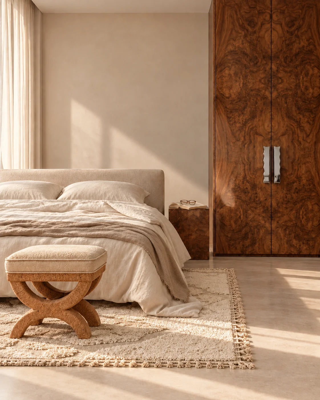 Burl Love — Du linge de lit clair près d’un meuble au veinage vivant.
