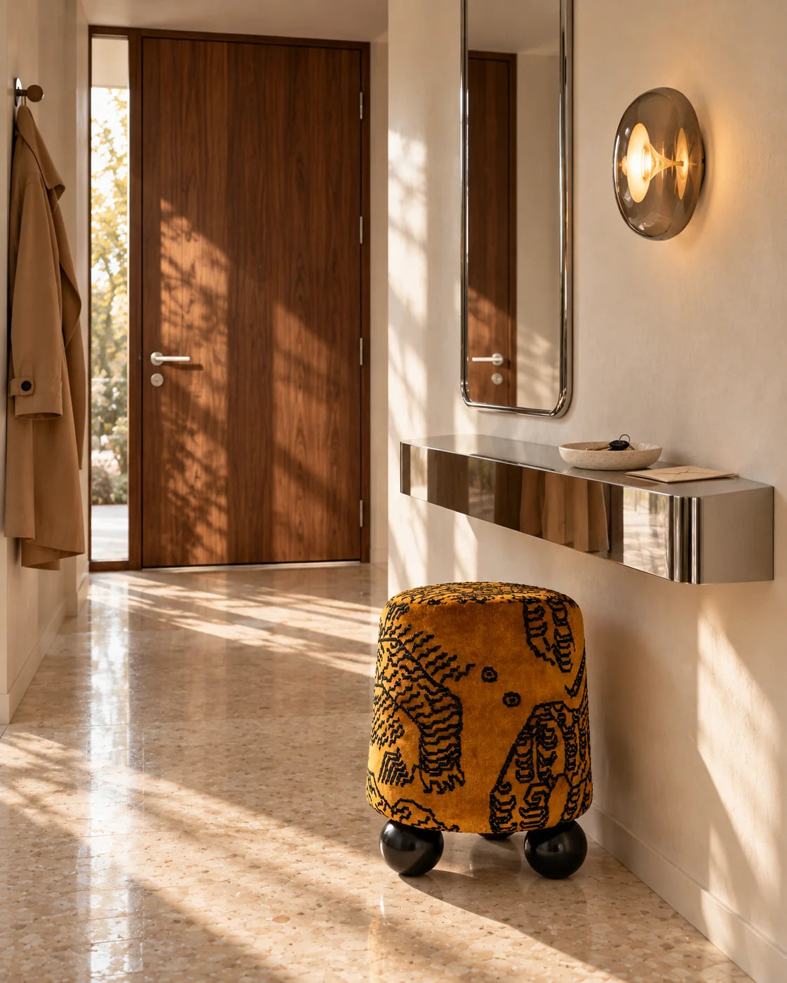 Une touche d’audace — Un pouf jaune ocre sous une console réfléchissante.