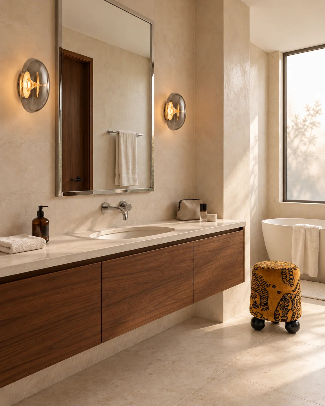 Une touche d’audace — Le même pouf jaune ocre, cette fois près de la baignoire.