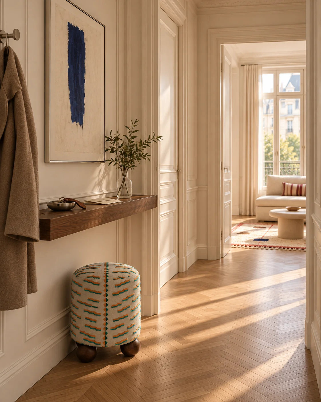 Modern Paris — Un passage clair avec bois, art et pouf rayé.