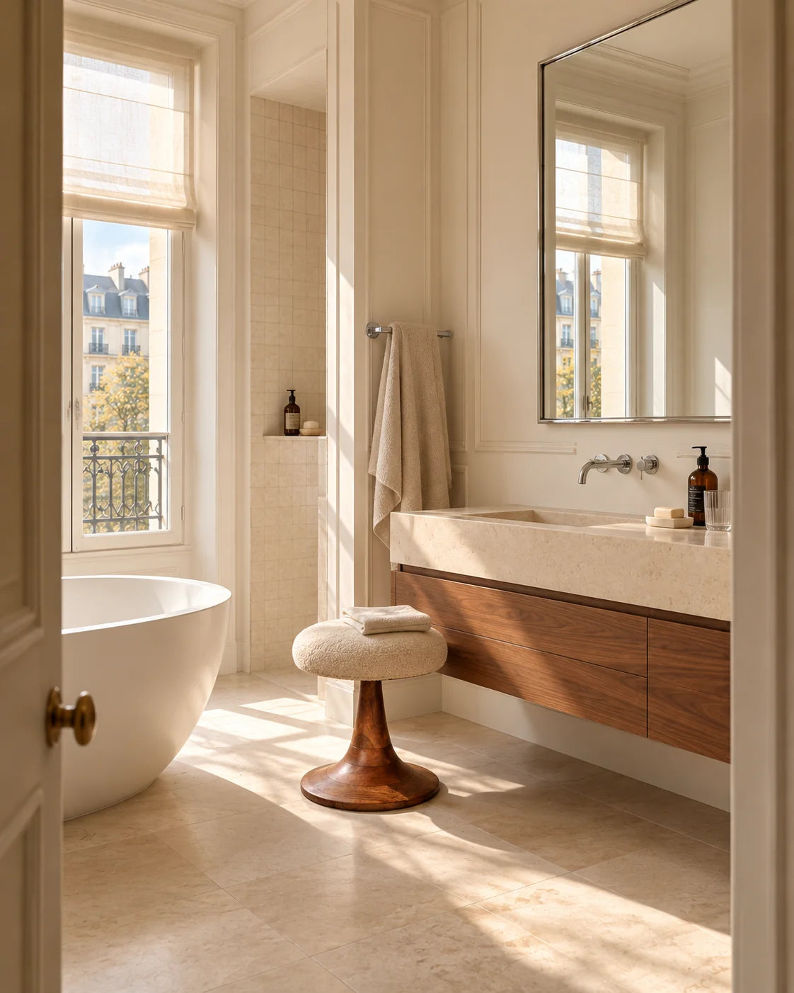 Modern Paris — Un meuble vasque en bois près d’une baignoire îlot.