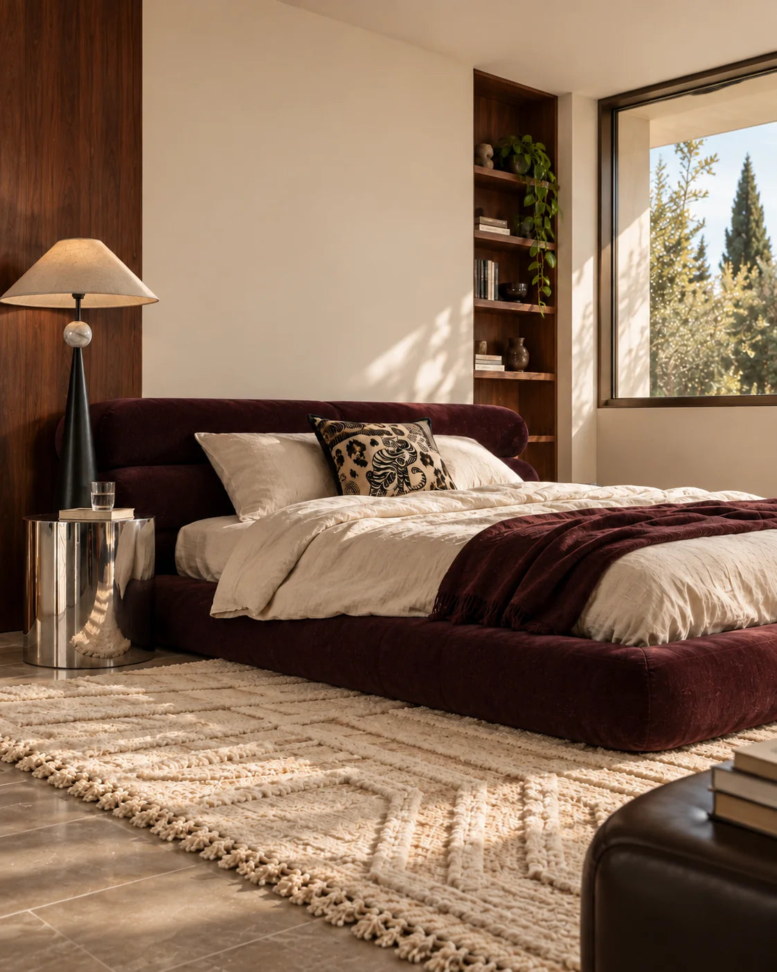 Rocco — Chrome éclectique — Un lit bas, de la laine épaisse et une table de chevet brillante.