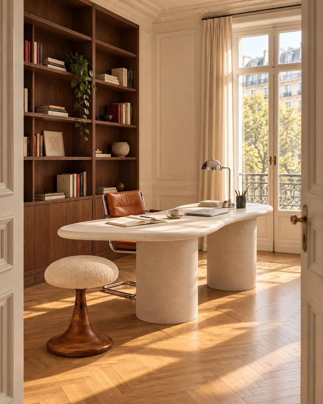 Bureau avec table claire aux formes arrondies et bibliothèque en bois