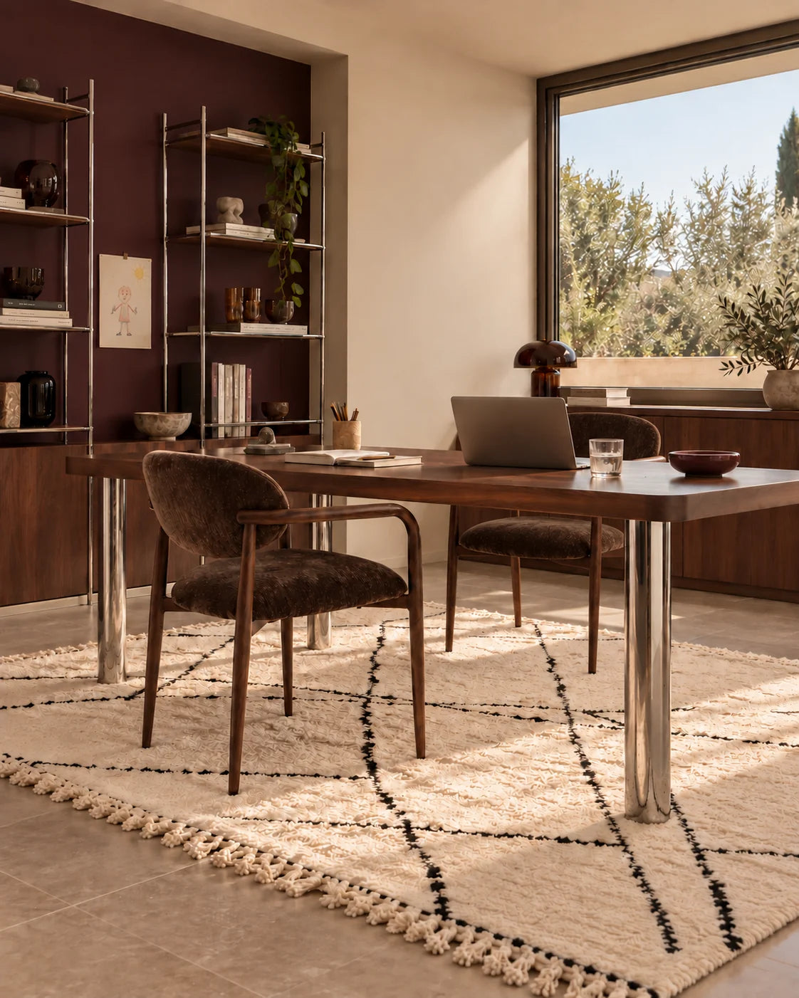 Bureau avec table en bois foncé et deux chaises près de la fenêtre