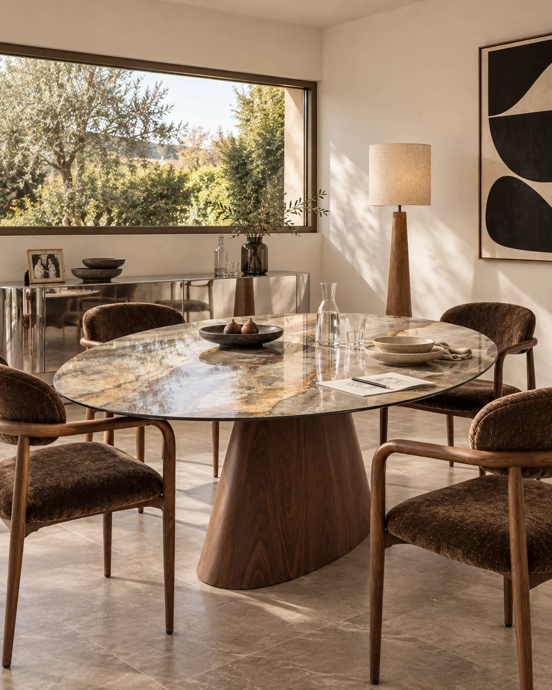 Coin repas avec plateau en marbre, bois chaleureux et façade de meuble réfléchissante