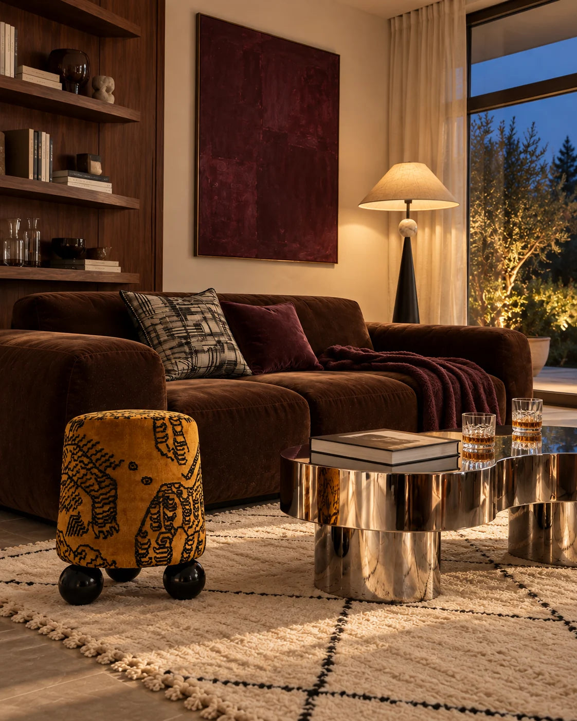 Salon Rocco le soir avec lampes chaleureuses, couleurs profondes et accents chromés