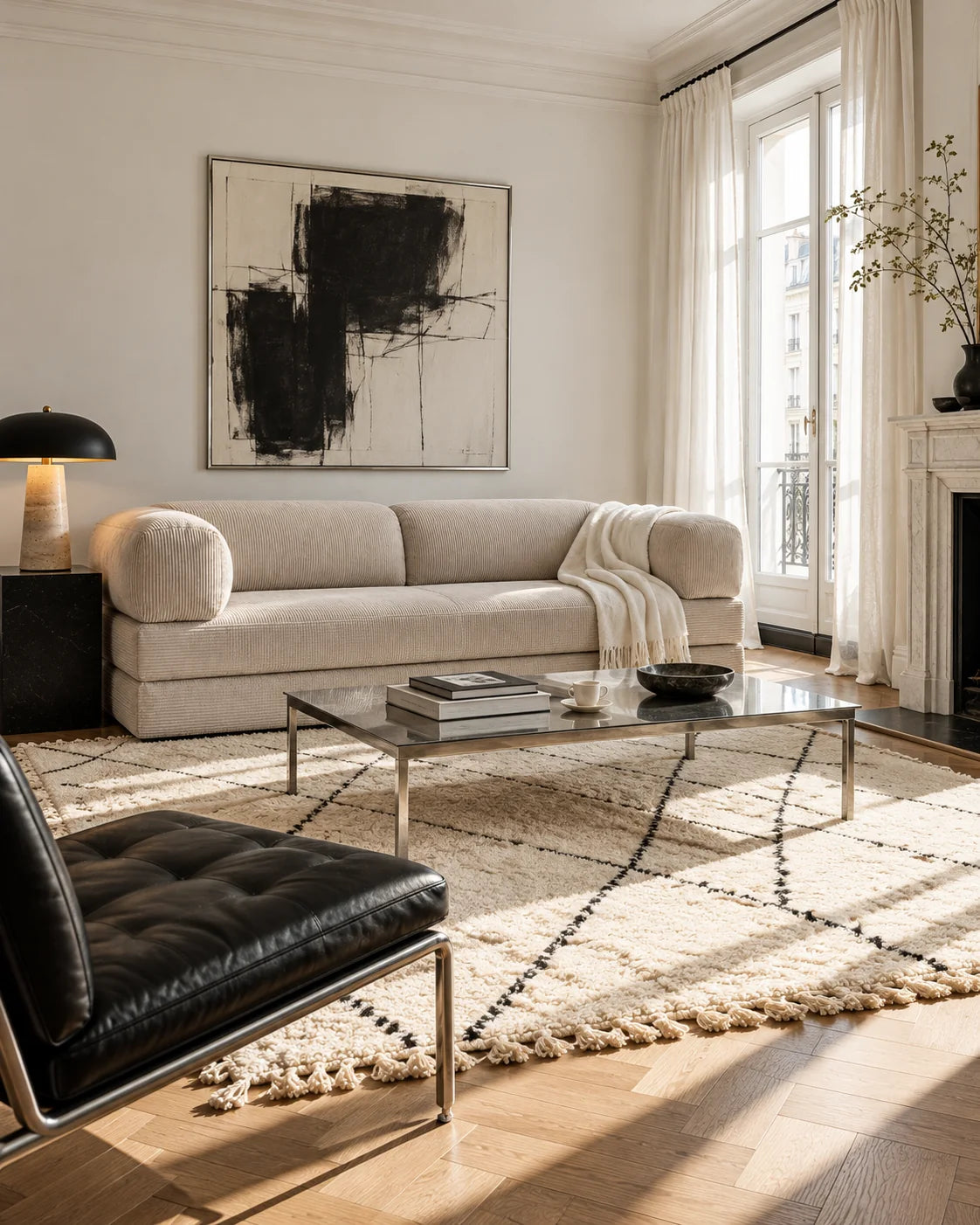Salon clair avec Siga Sofa, table basse en verre, tapis graphique et accents noirs